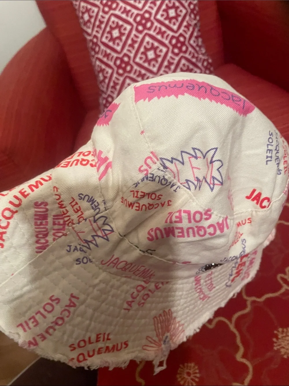 Designer inspired Beige Bucket Hat with Pink & Purple Graphic Print